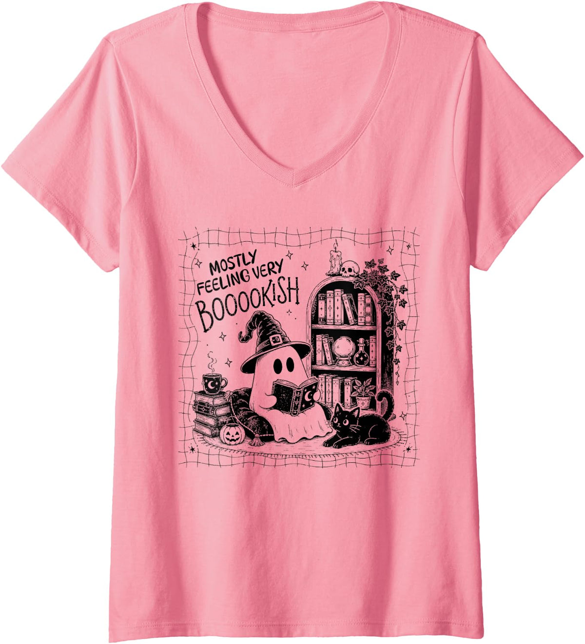 Women's Reading Ghost Book Lover Mostly Feeling Very Booookish V-Neck T-Shirt - Pink