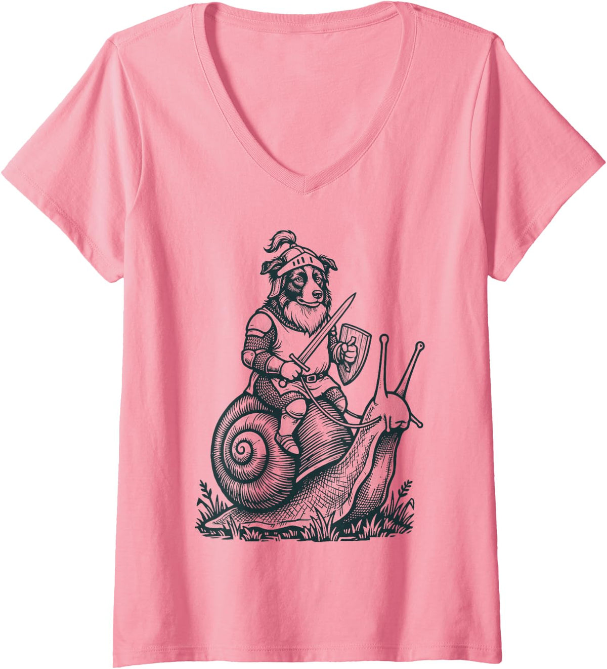 Women's Border Collie Snail Medieval V-Neck T-Shirt - Pink