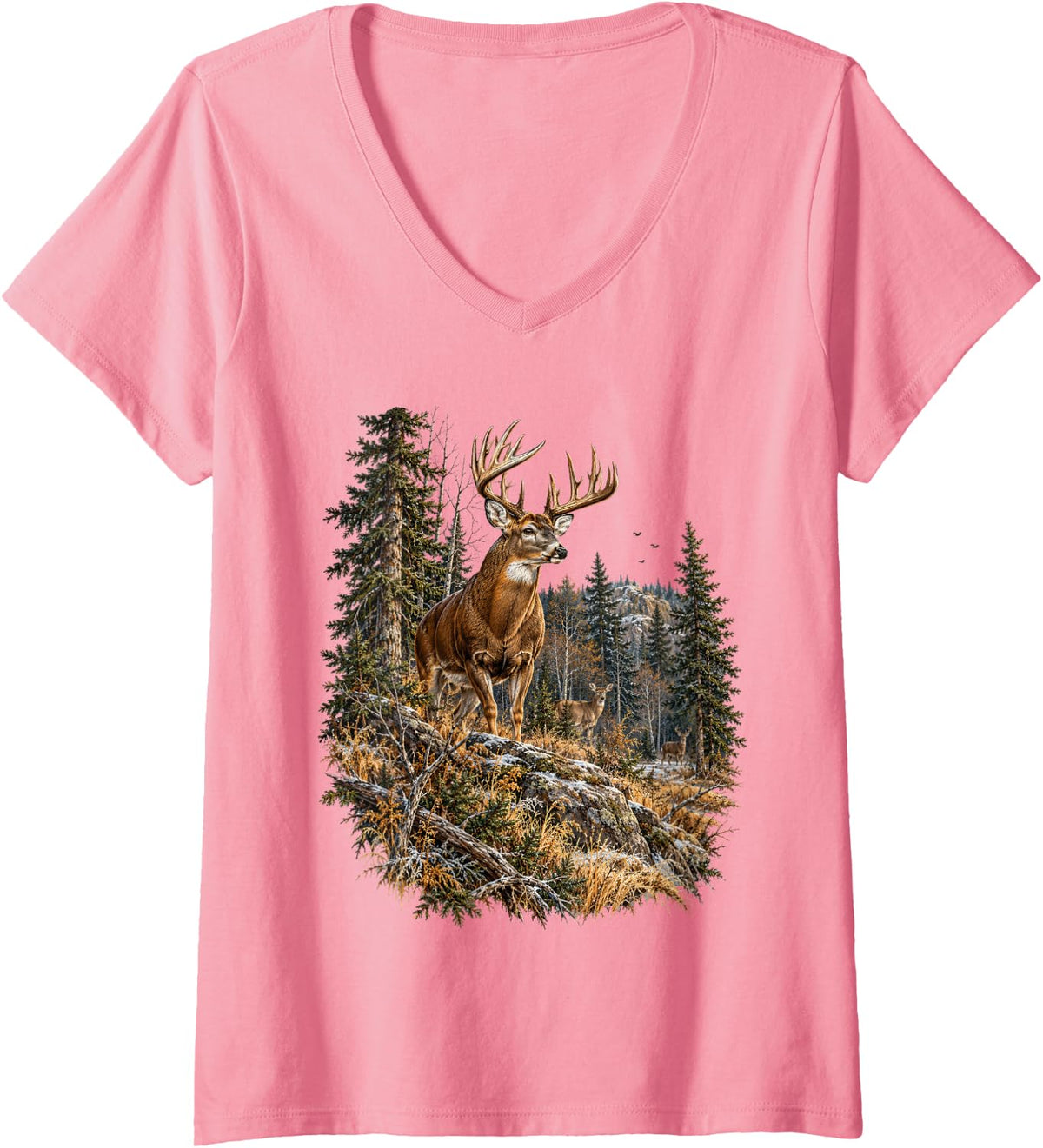 Women's Whitetail Buck Deer Hunting Lover Mountain Wilderness V-Neck T-Shirt - Pink