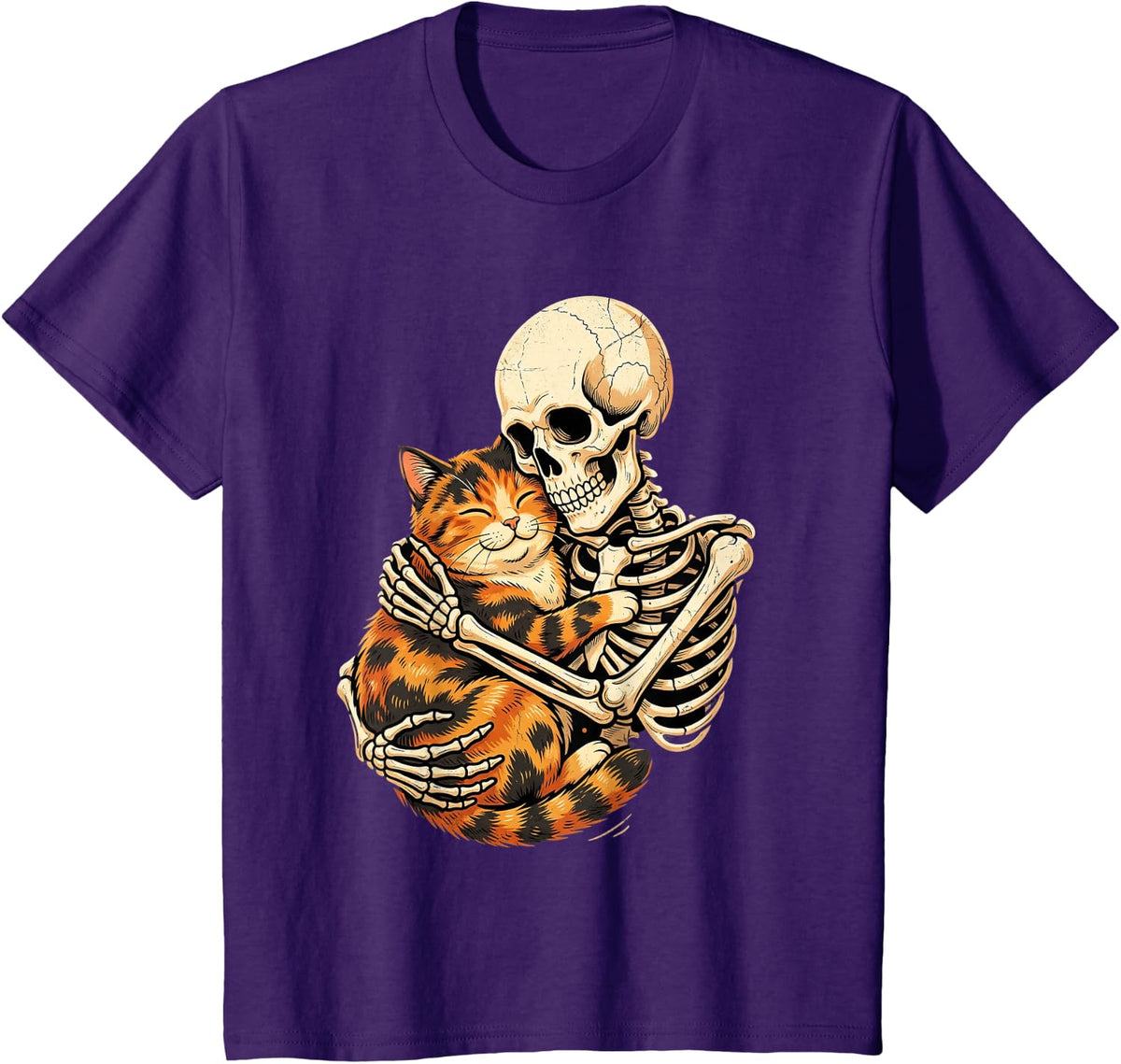 Skeleton Hugging Tortoiseshell Cat Cozy Halloween Autumn T-Shirt - Purple