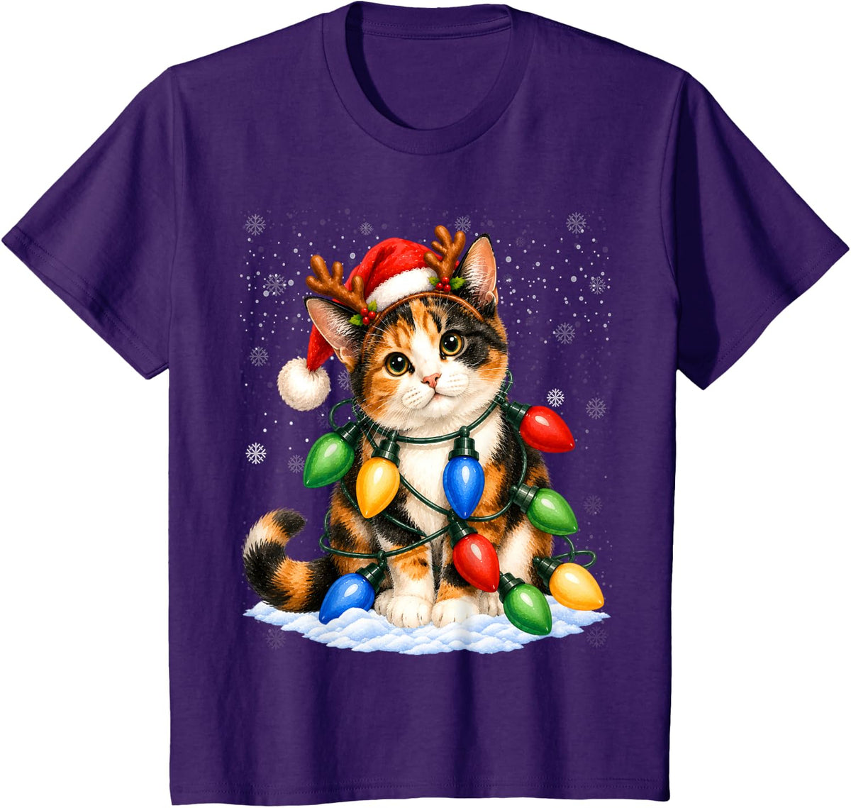 Calico Cat Christmas Lights Holiday Cat Design T-Shirt - Purple