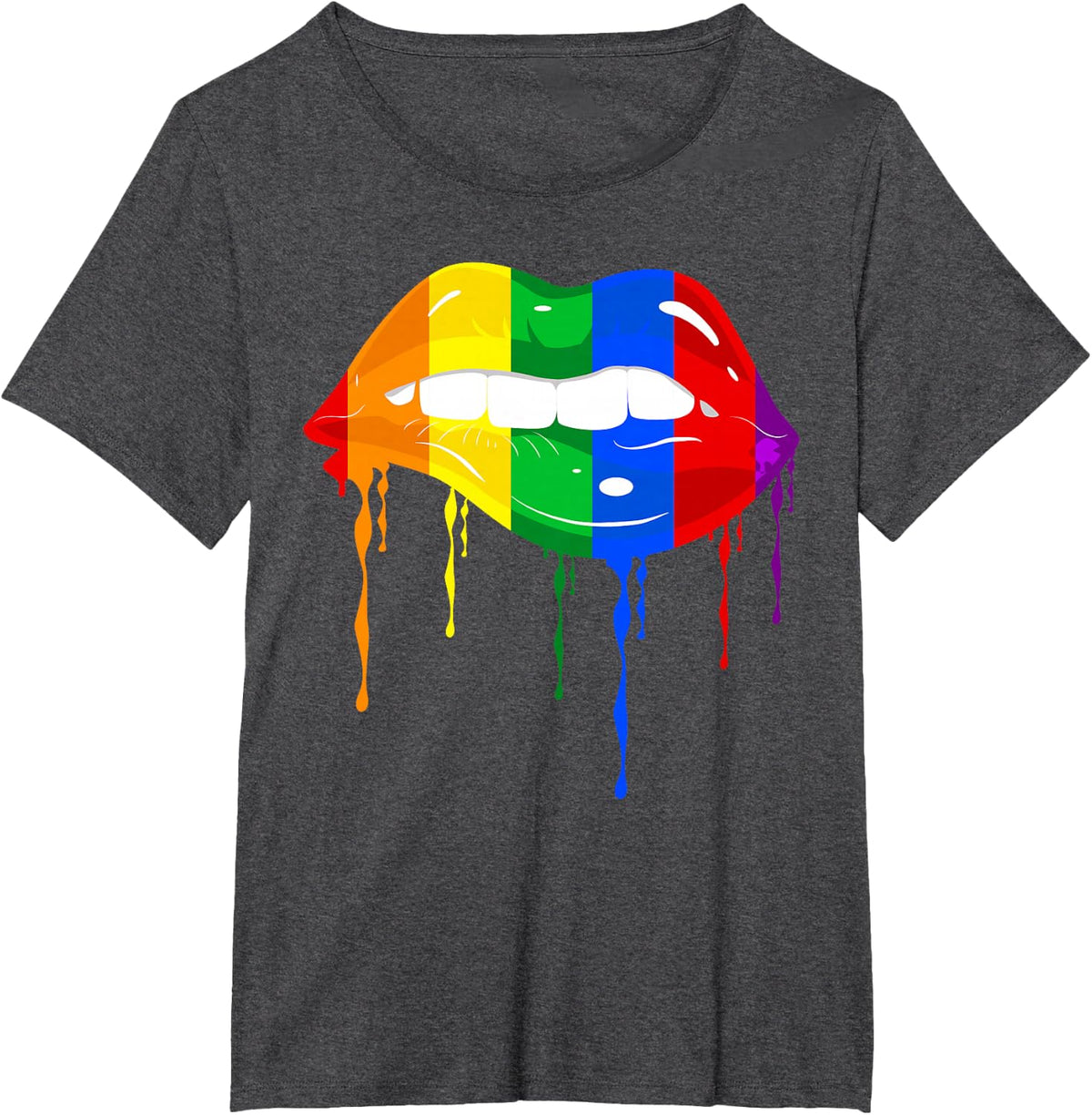 Cute Mouth Lesbian Lips Kissing Rainbow Flag Gay Pride LGBT T-Shirt - Dark Heather Grey