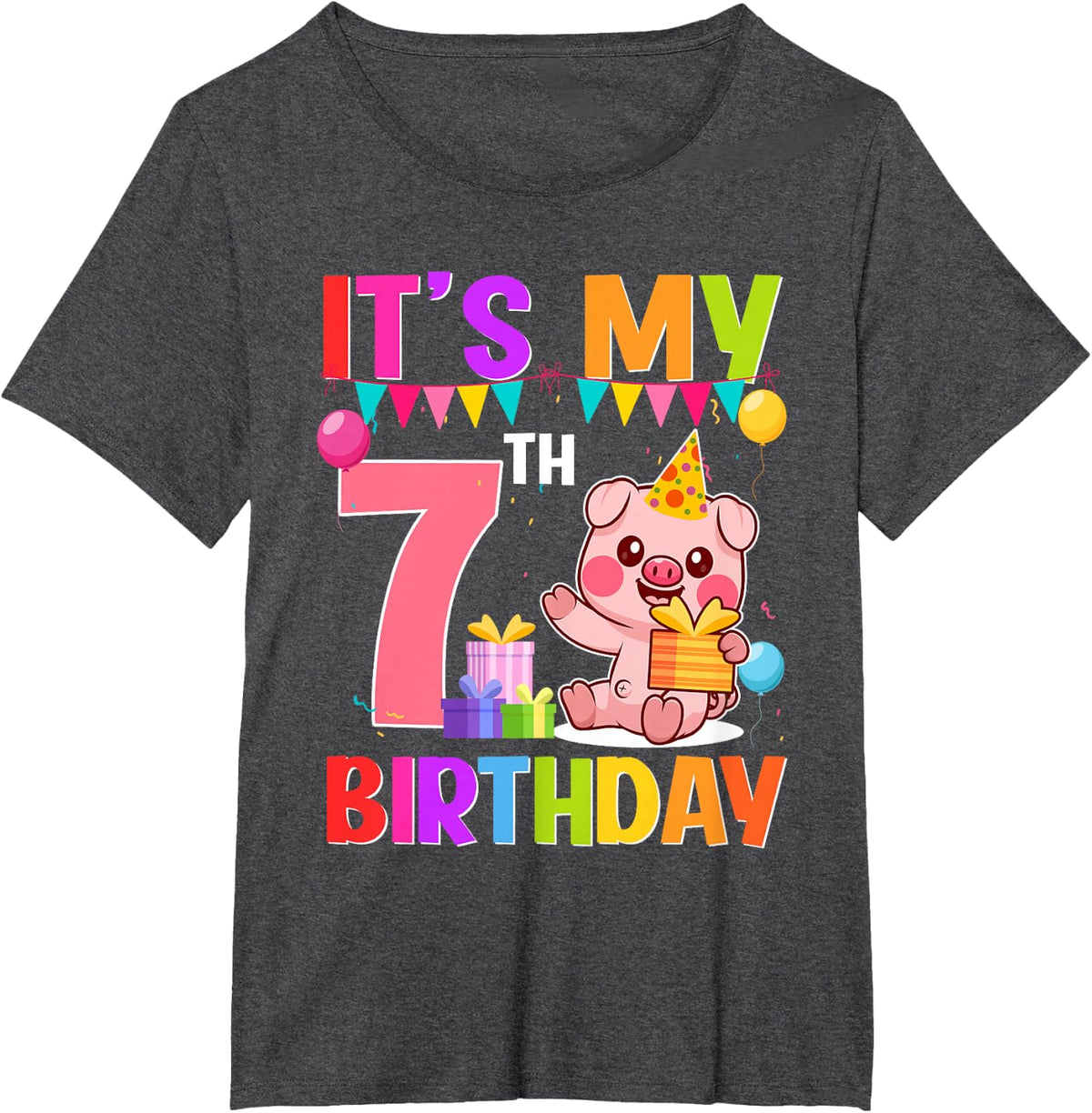 7 Years Old Birthday Pig Theme Party It's My 7th Birthday T-Shirt - Dark Heather Grey