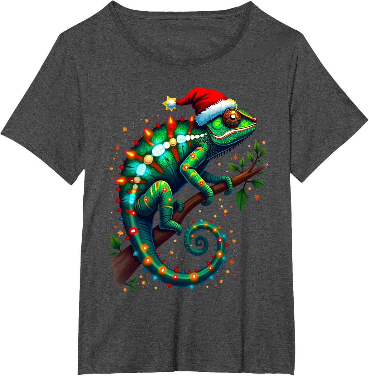 Chameleon Santa Hat Lights Christmas Cute Xmas Pajama T-Shirt - Dark Heather Grey