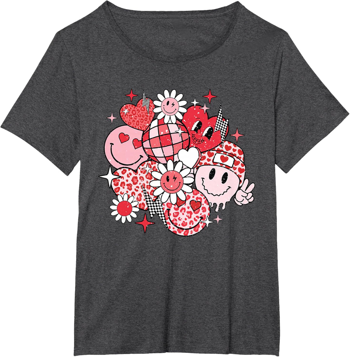 Smile Face Valentines Day Vibes Leopard Flower Groovy Retro T-Shirt - Dark Heather Grey