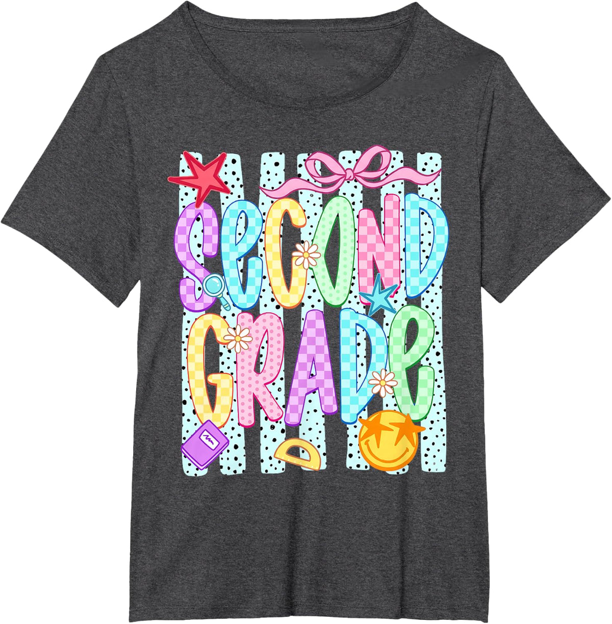 Second Grade Striped Cute Bow Back to School Student Teacher T-Shirt - Dark Heather Grey