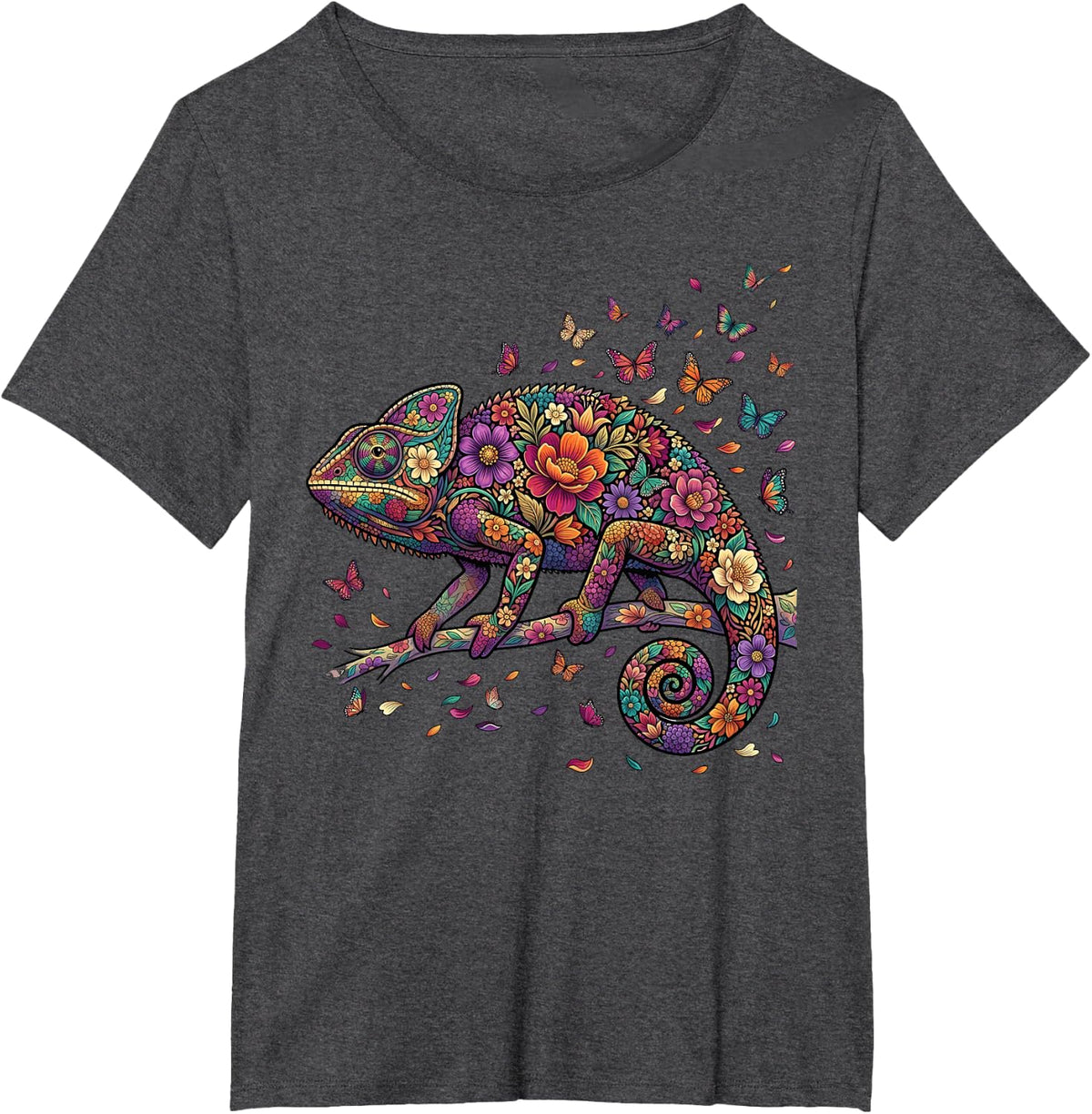 Chameleon Colorful Floral Butterfly Flowers Botanical T-Shirt - Dark Heather Grey