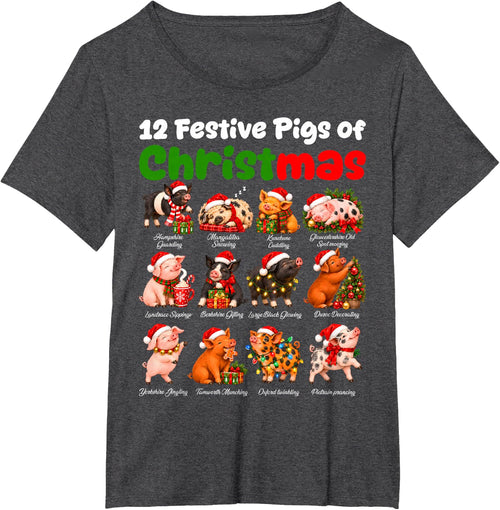 12 Festive Pigs of Christmas Santa Reindeer Elf Xmas Tree T-Shirt - Dark Heather Grey