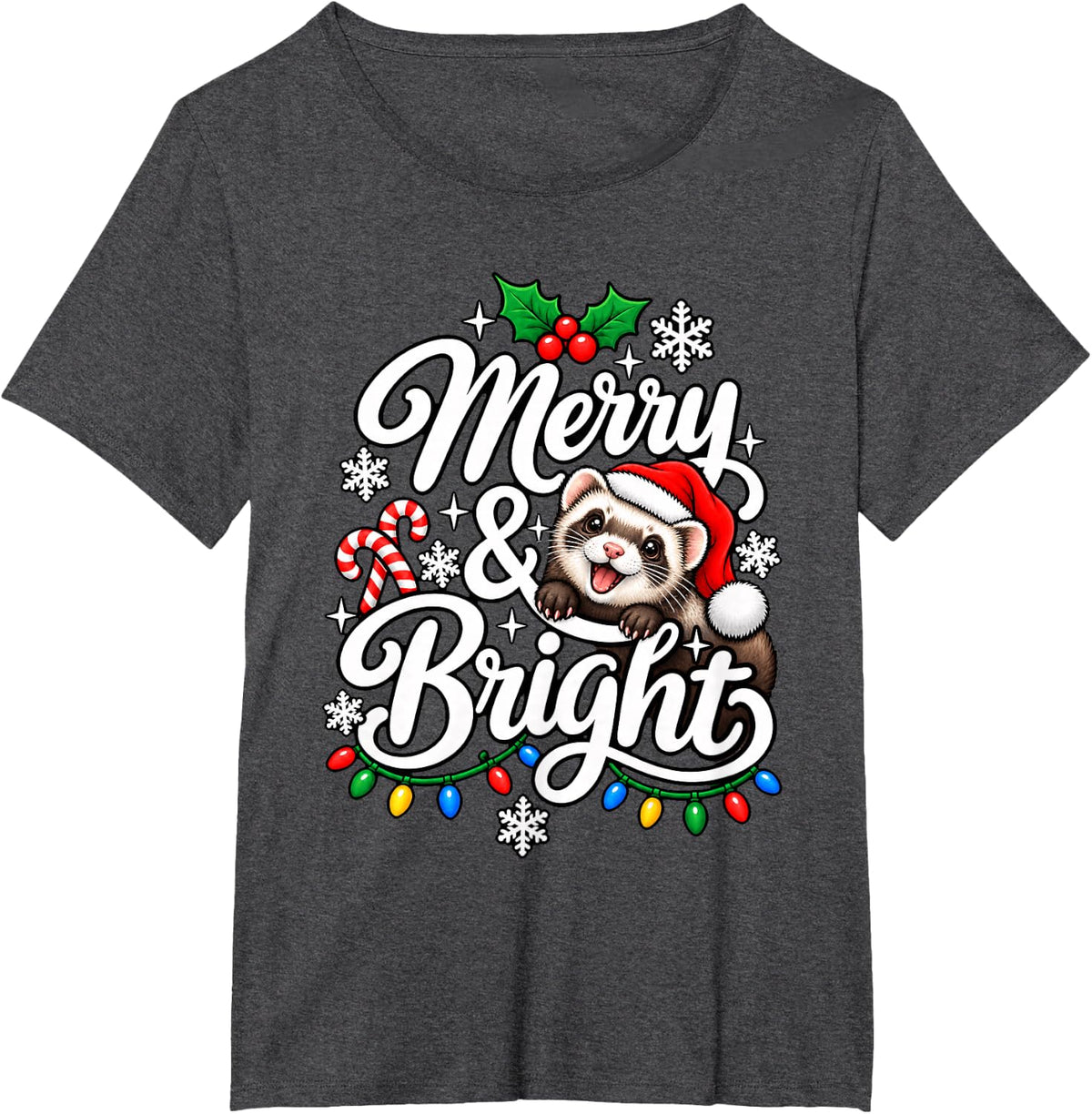 Ferret Merry Bright Christmas Zoo Xmas Santa Hat T-Shirt - Dark Heather Grey