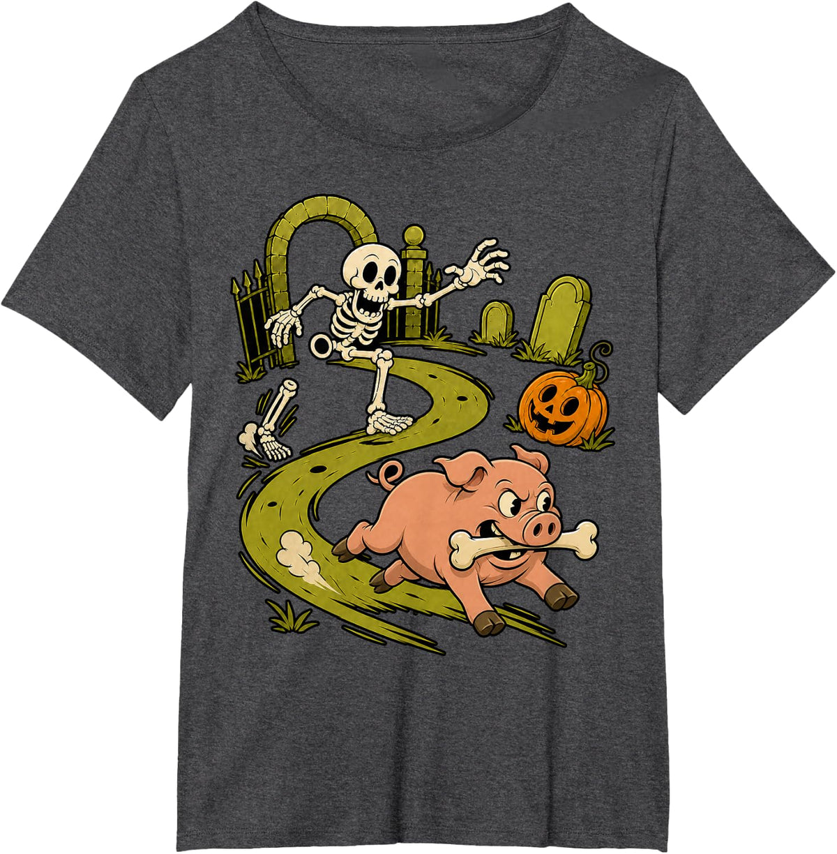 Funny Skeleton Chasing Pig Halloween Spooky Season T-Shirt - Dark Heather Grey