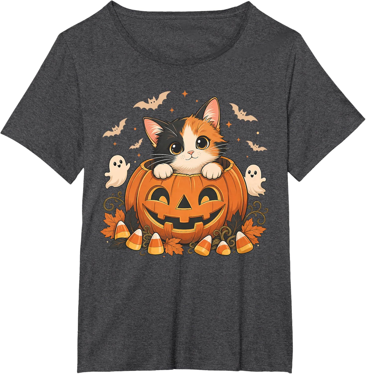 Cute Calico Cat Lover Spooky Season Pumpkins Halloween T-Shirt - Dark Heather Grey