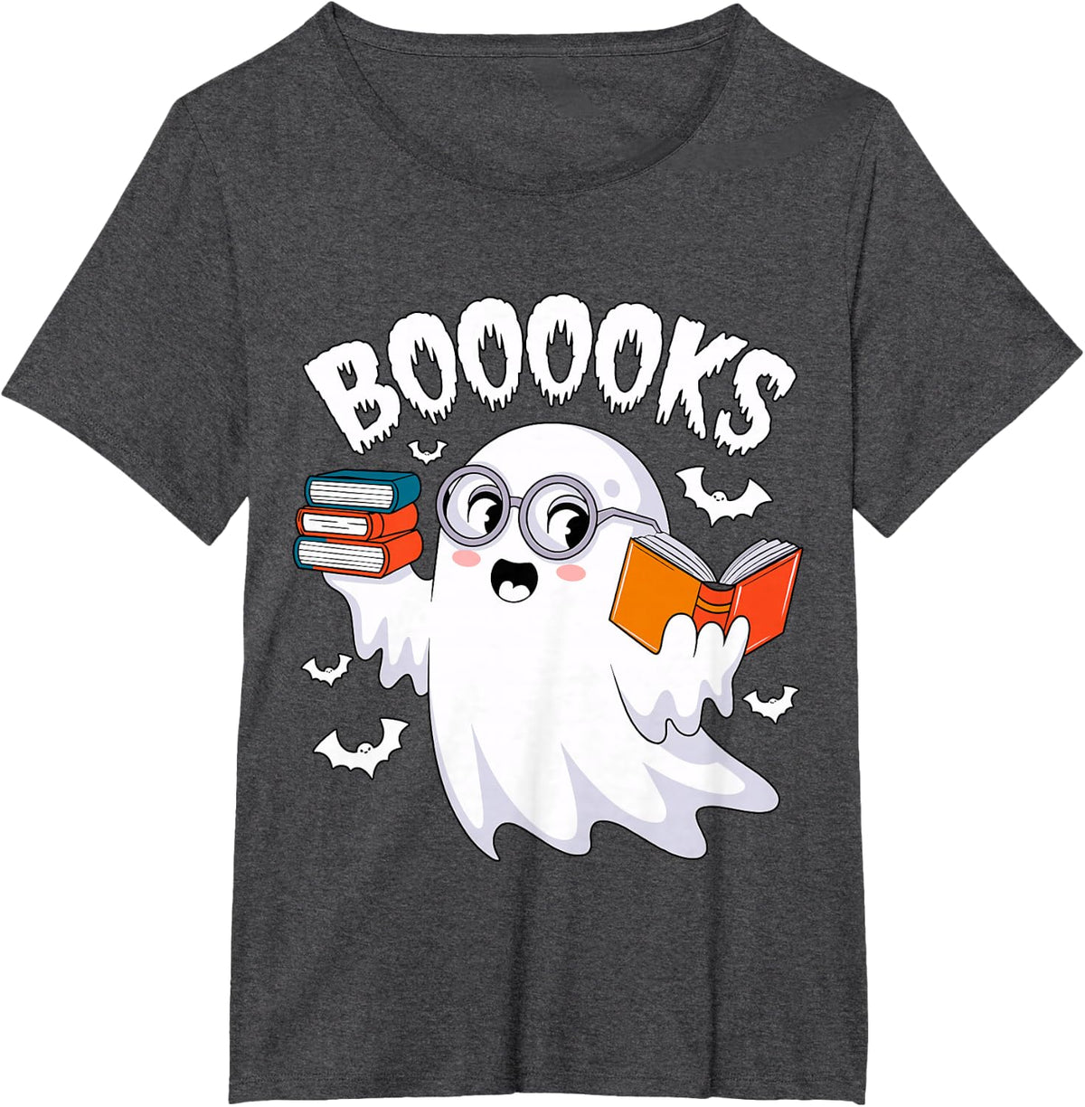 Boooooks Ghost Reading Books T-Shirt Librarian Halloween Costume Tee - Dark Heather Grey