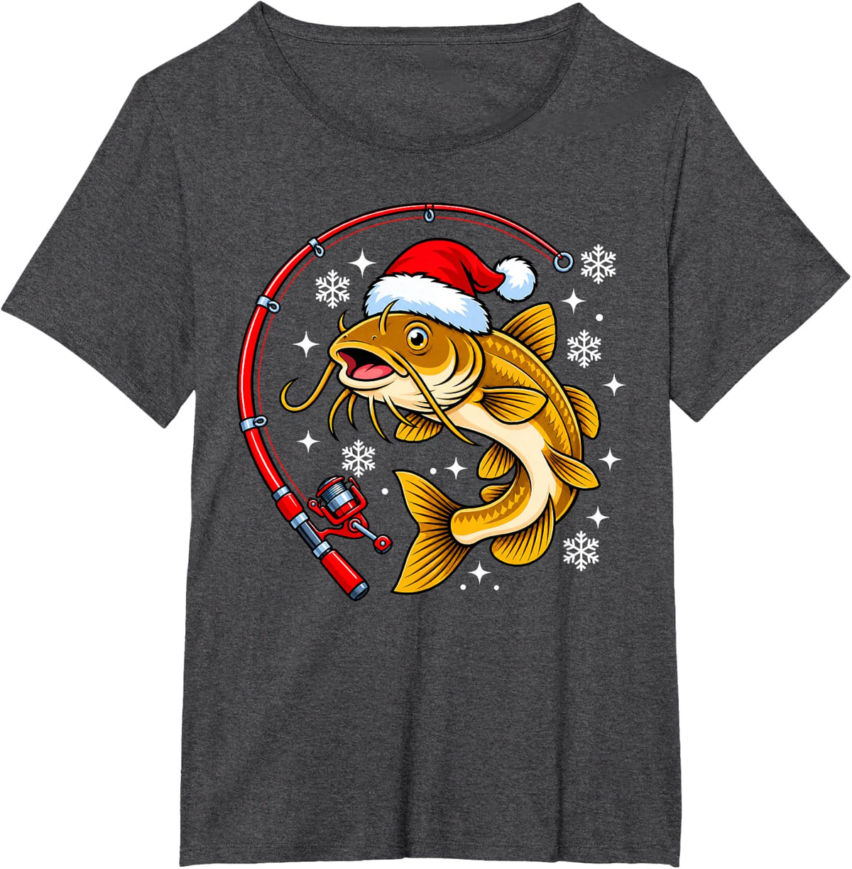 Funny Santa Hat Christmas Fishing Catfish T-Shirt - Dark Heather Grey