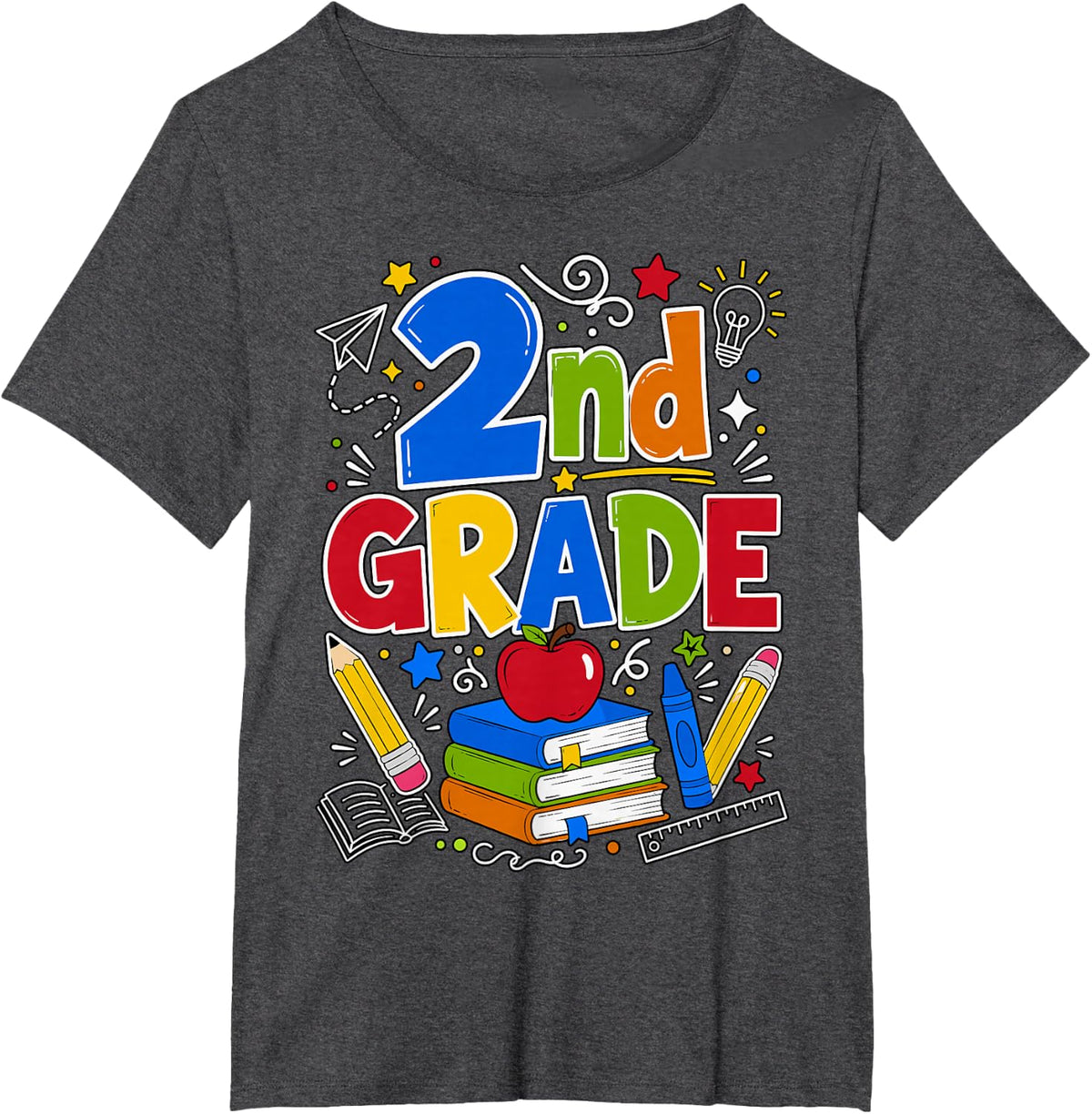 2nd Grade Colorful School Supplies T-Shirt - Dark Heather Grey