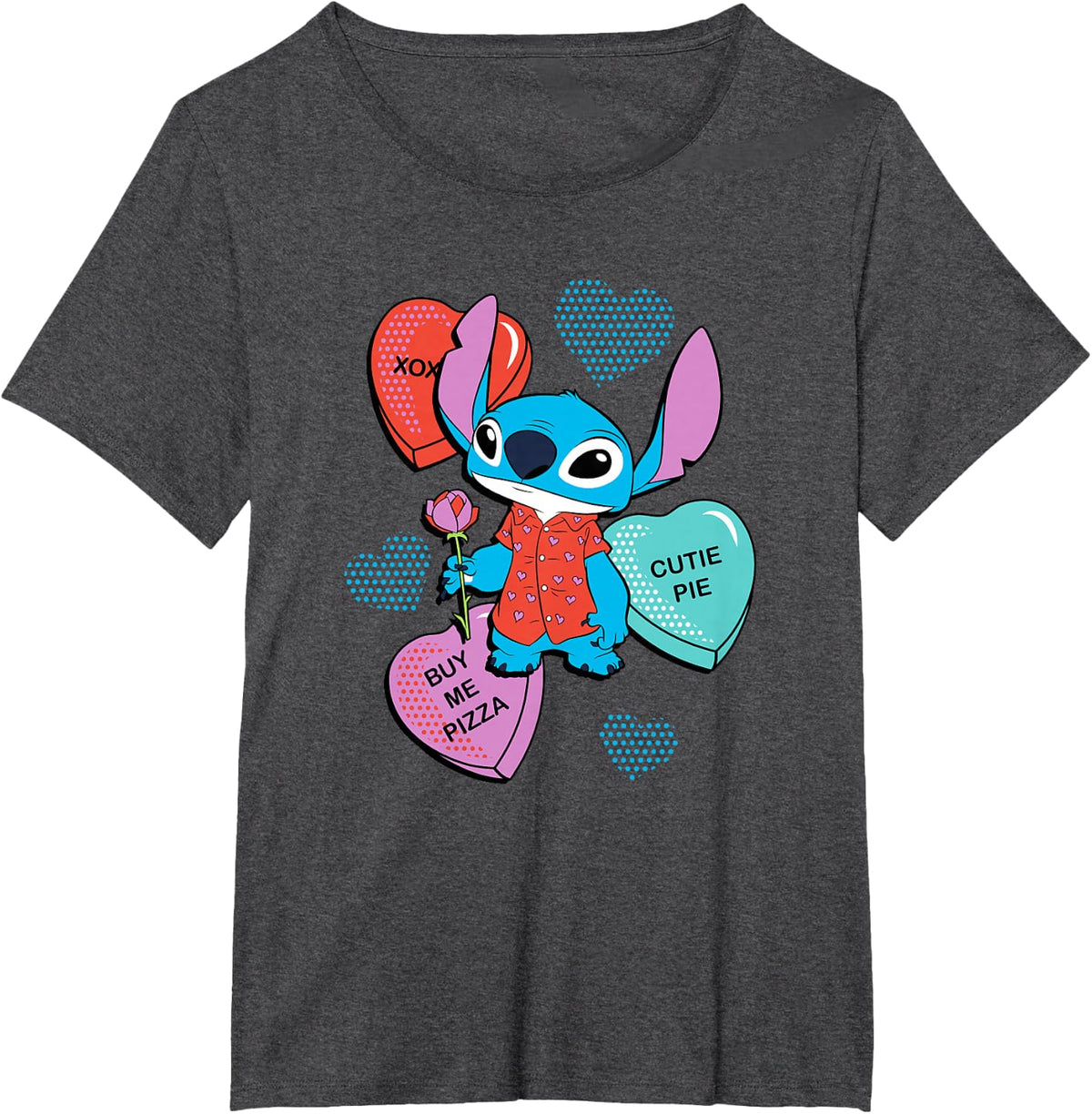Disney Stitch Funny Candy Hearts Valentine's Day T-Shirt - Dark Heather Grey