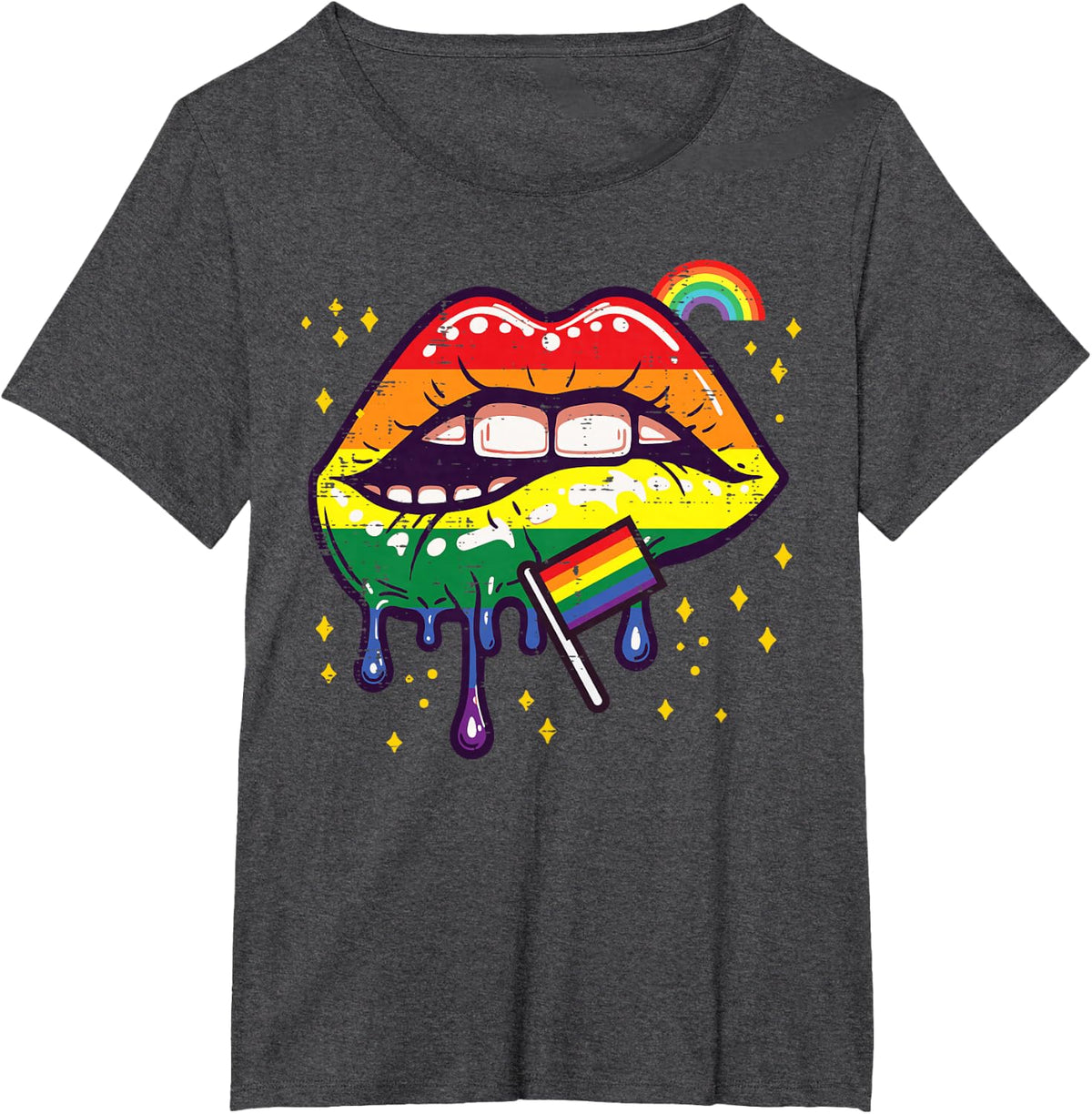 Gay Pride Month Lip Bite LGBTQ Ally Rainbow Flag Men Women T-Shirt - Dark Heather Grey