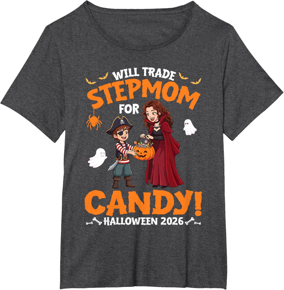 Will Trade Stepmom for Candy Halloween 2026 Family Children T-Shirt - Dark Heather Grey
