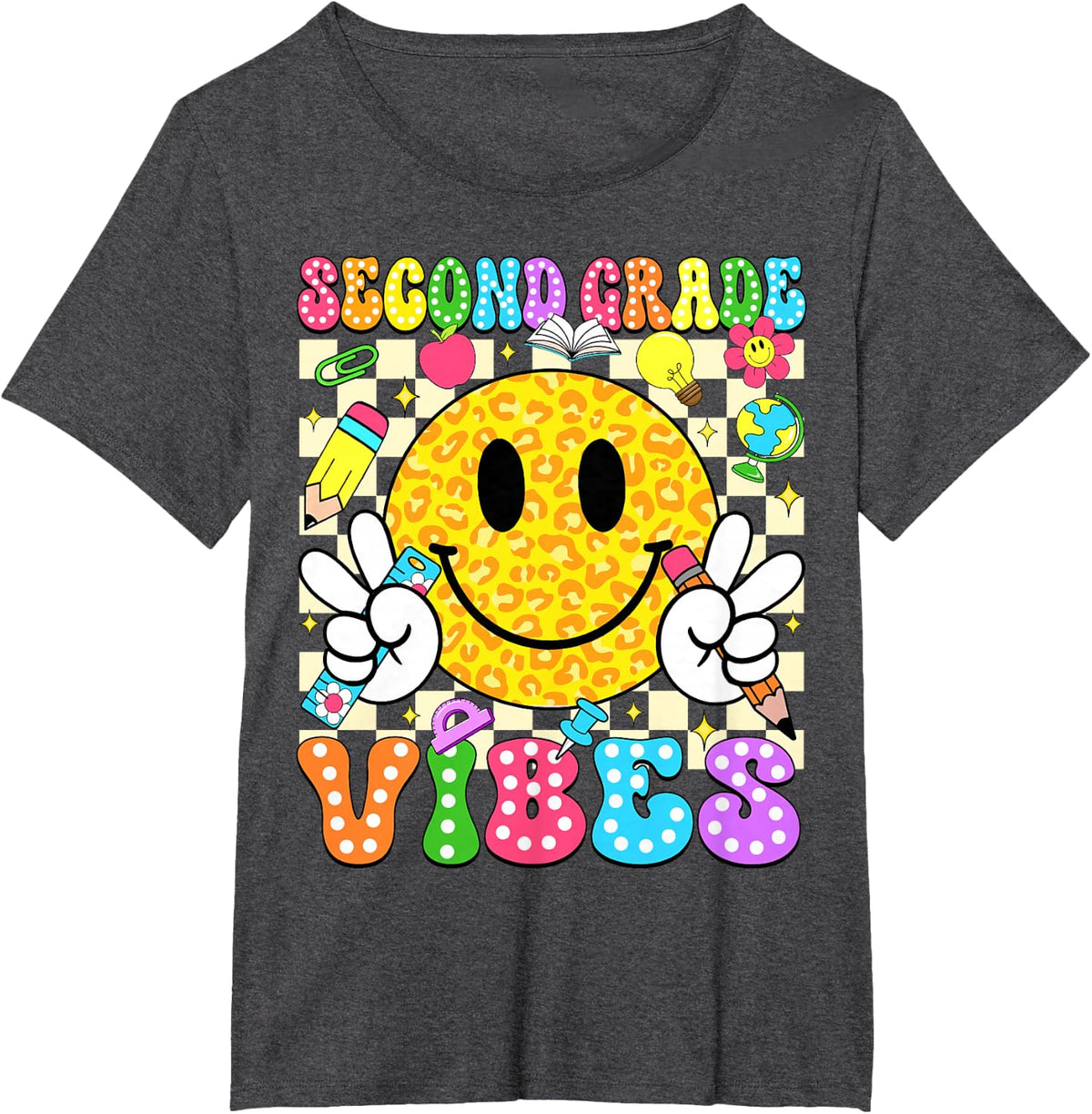 Second Grade Vibes Smile Face Back to School Teachers Kids T-Shirt - Dark Heather Grey