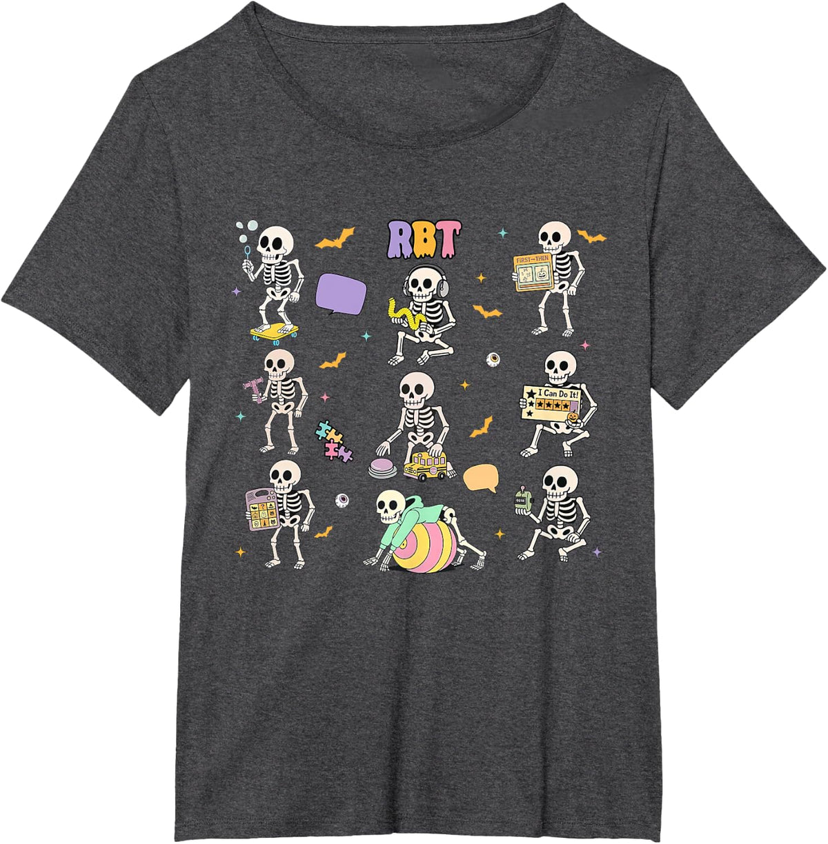 Spooky Skeleton RBT Registered Behavior Technician Halloween T-Shirt - Dark Heather Grey