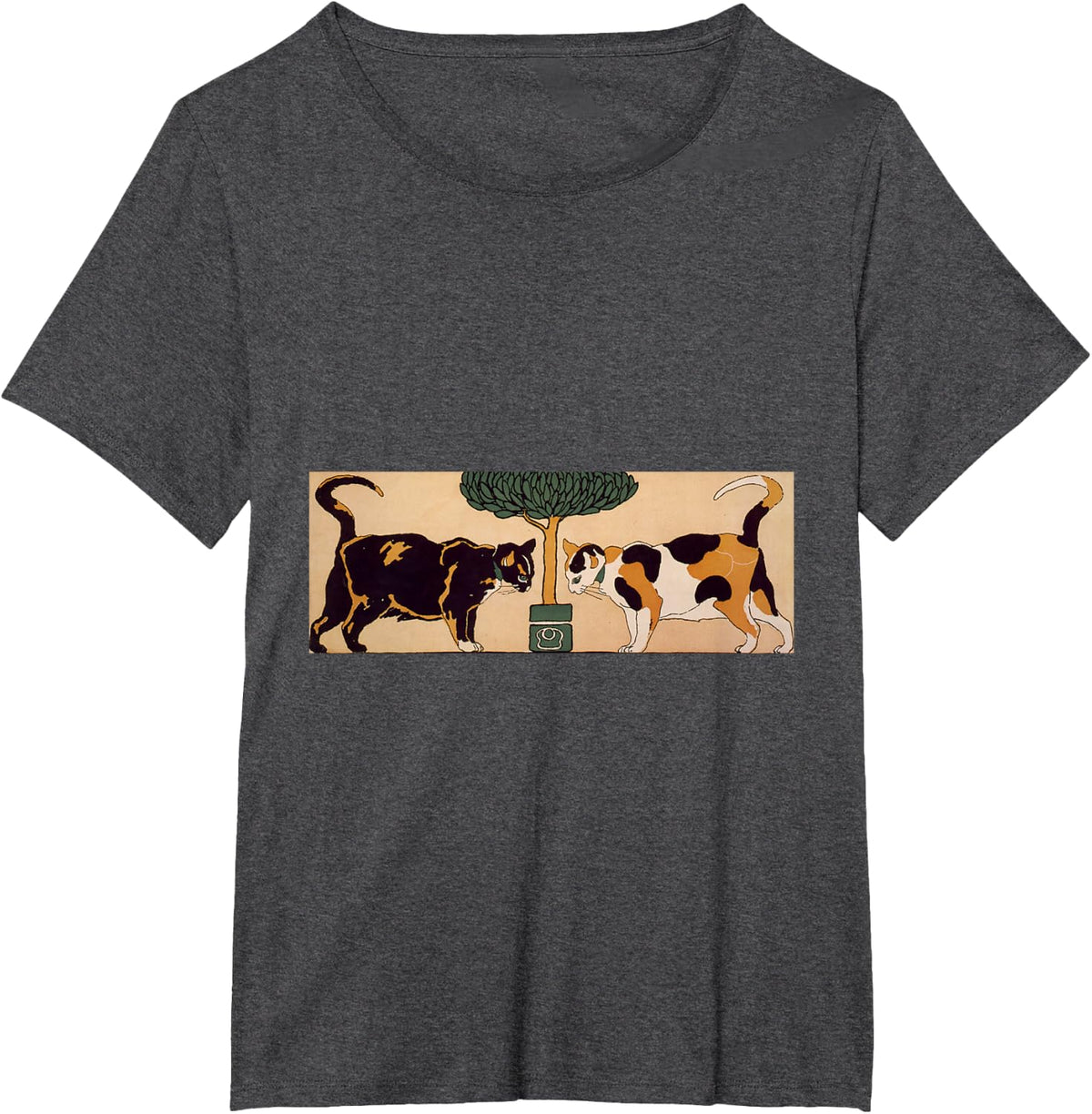 Comfortees Two cats -- calico cat and black cat T-Shirt, Small - Dark Heather Grey