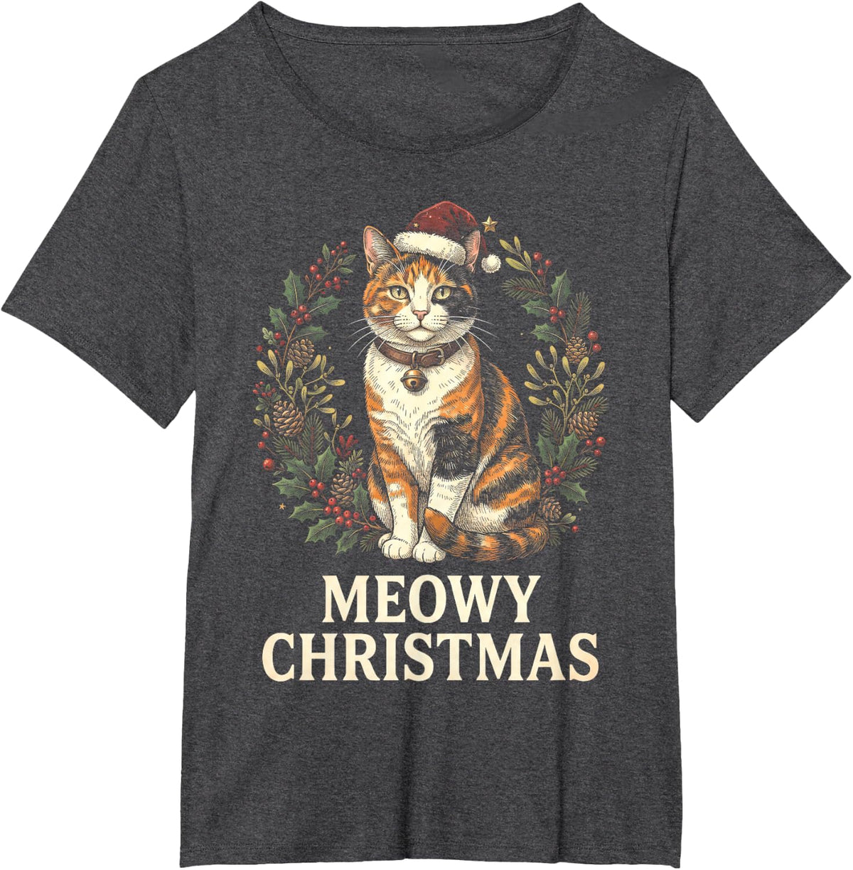 Meowy Christmas Calico Cat Festive T-Shirt - Dark Heather Grey