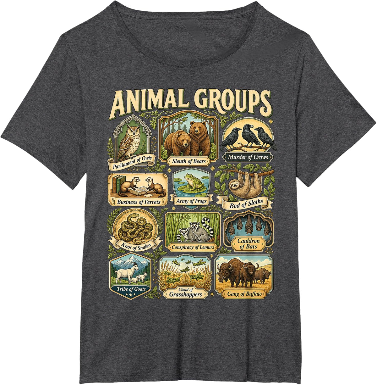 Animal Groups Funny Collective Nouns Educational Wildlife T-Shirt - Dark Heather Grey
