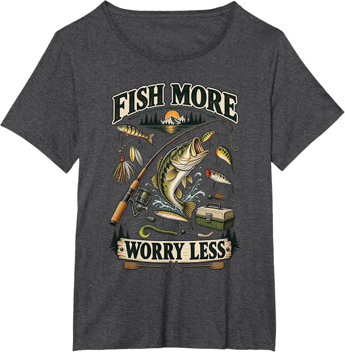 Fish More Worry Less Vintage Bass Fishing Shirt T-Shirt - Dark Heather Grey
