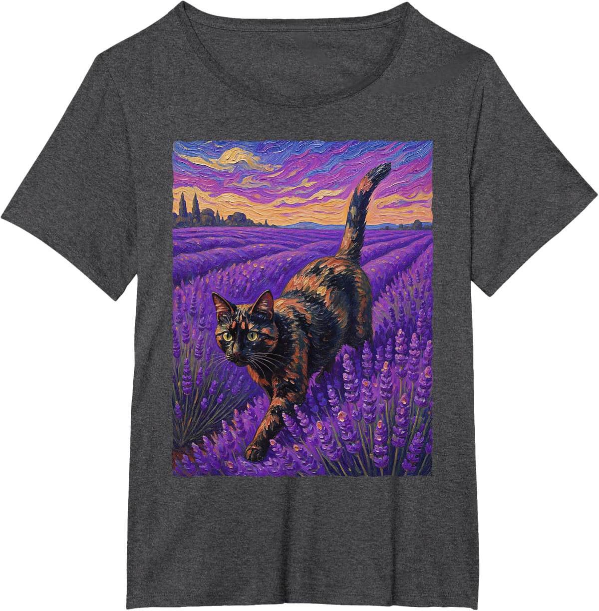 Tortoiseshell Tortie Cat Lavender Field Oil Painting T-Shirt - Dark Heather Grey