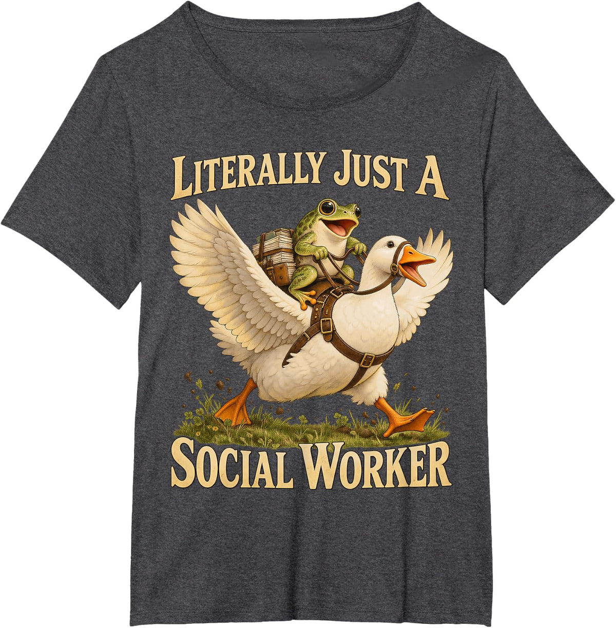 Literally Just A Social Worker Frog Riding Goose T-Shirt - Dark Heather Grey