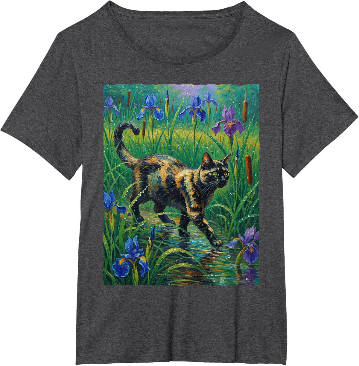 Tortoiseshell Cat Iris Flower Impressionist Tortie Painting T-Shirt - Dark Heather Grey