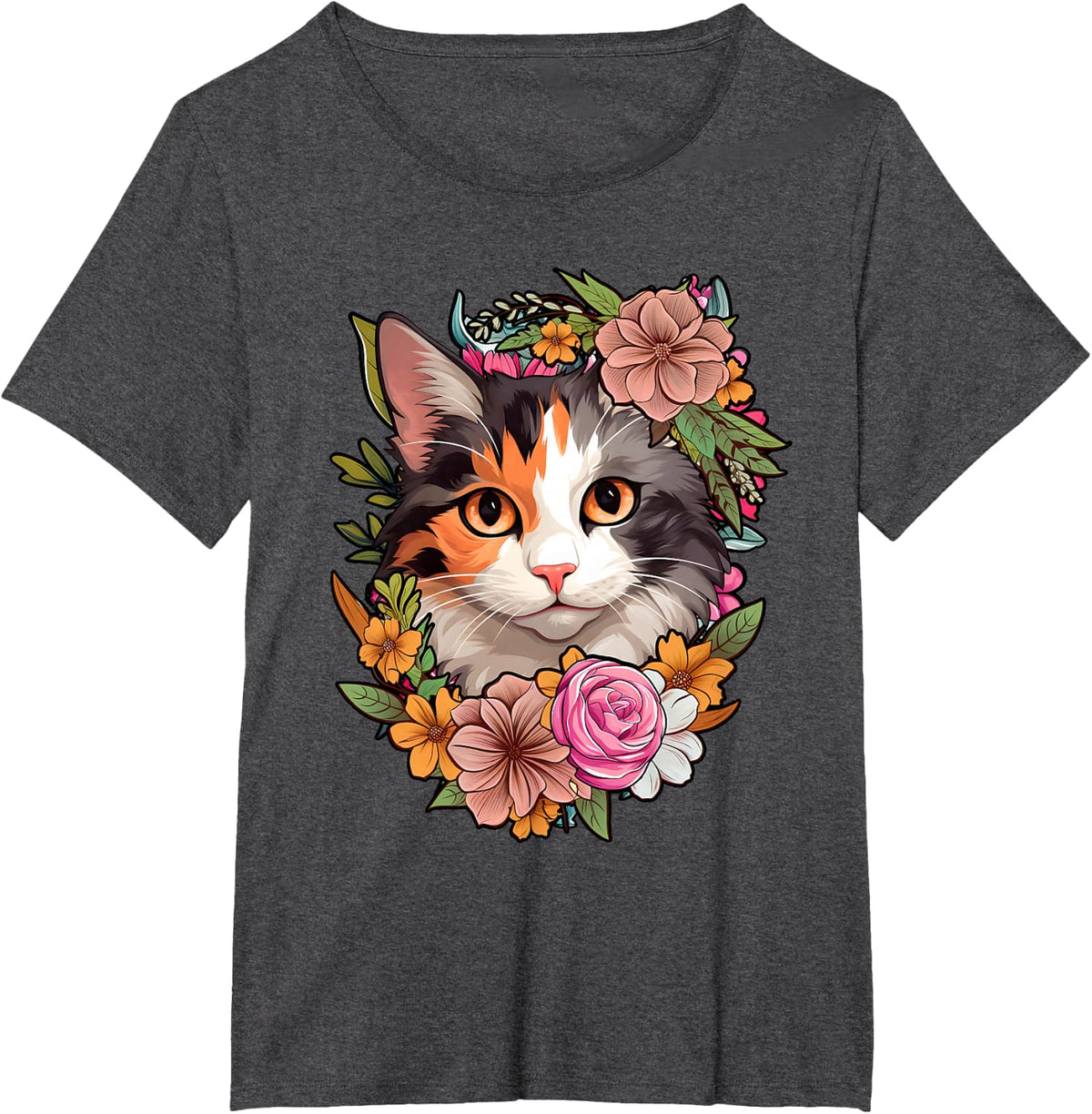 Cute Floral Calico Cat T-Shirt - Dark Heather Grey