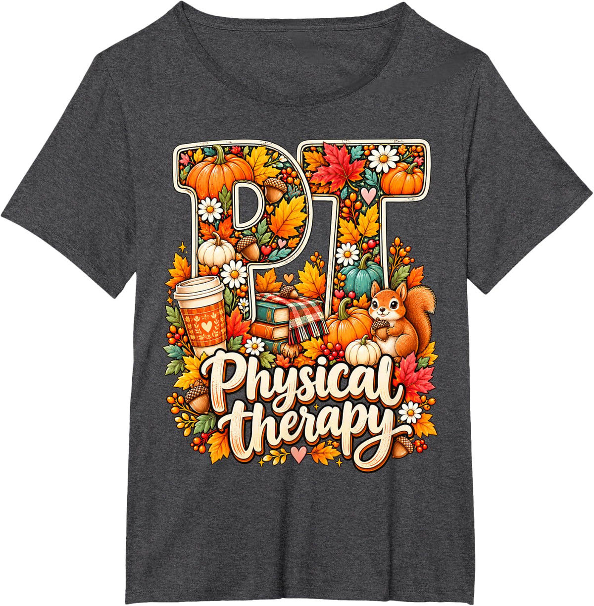 Physical Therapy Fall Pumpkin Autumn Leaves PT Floral T-Shirt - Dark Heather Grey