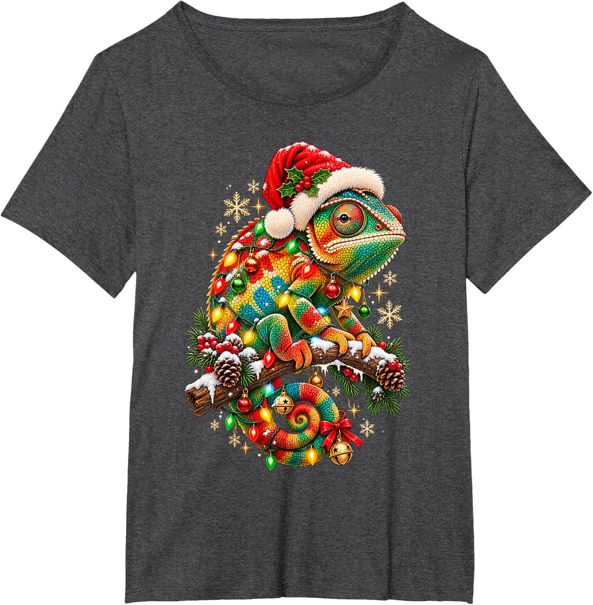 Chameleon Christmas Funny Santa Chameleoin in Xmas Lights T-Shirt - Dark Heather Grey