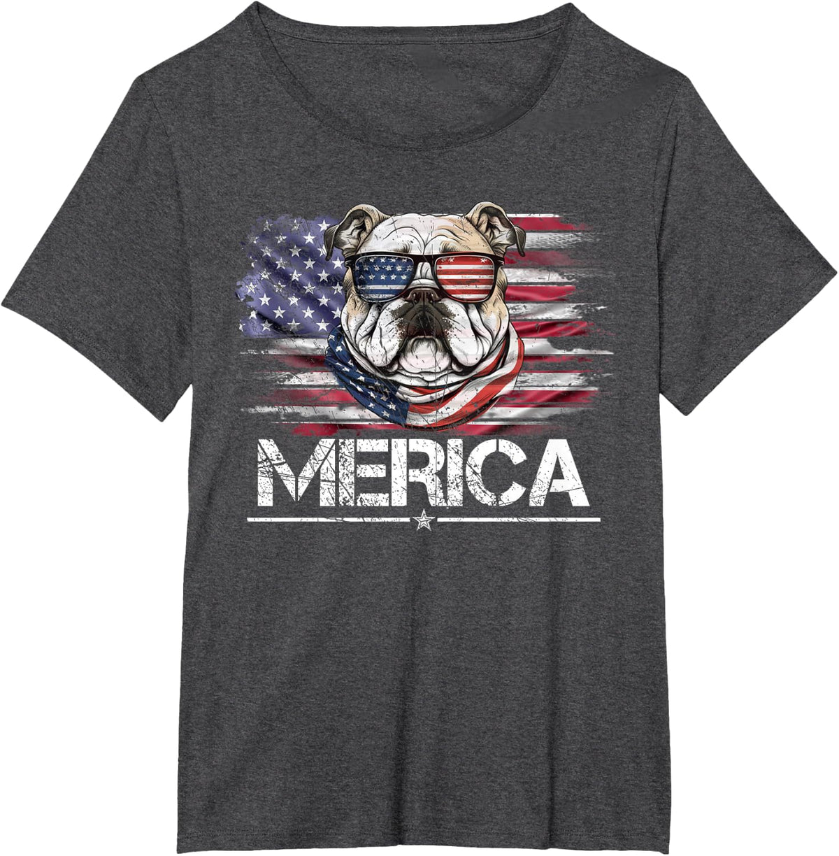 Vintage Bulldog Dog, Merica Bulldog Dog USA Flag Funny T-Shirt - Dark Heather Grey