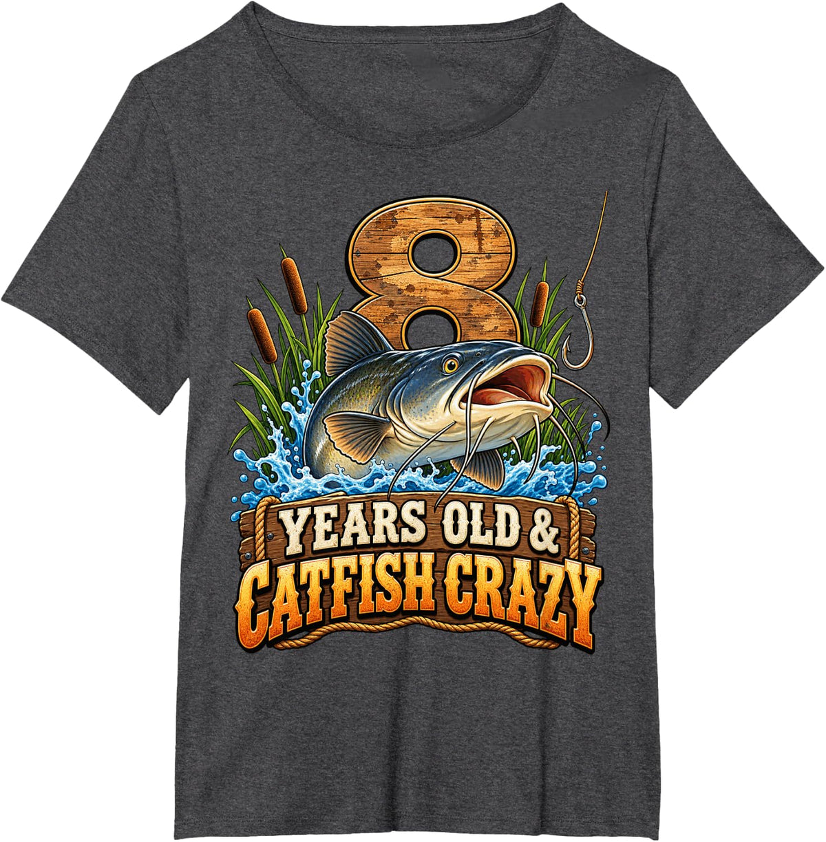 8 Years Old Catfish Crazy Fishing Angler T-Shirt - Dark Heather Grey