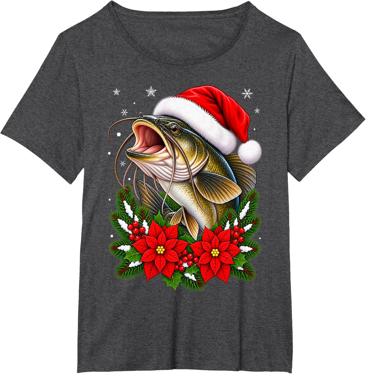Catfish Fishing Festive Floral Santa Hat Catfish Christmas T-Shirt - Dark Heather Grey