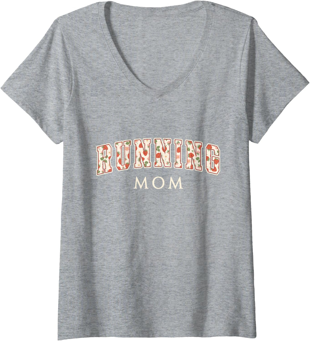 Women's Running Mom Strawberry Varsity Letters Runner Mama V-Neck T-Shirt - Heather Grey