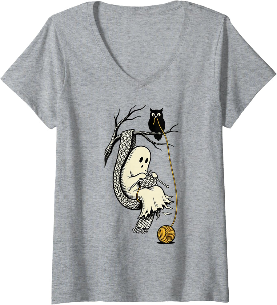 Women's Ghost Knitting Funny Spooky Knitter Owl Humor Men V-Neck T-Shirt - Heather Grey