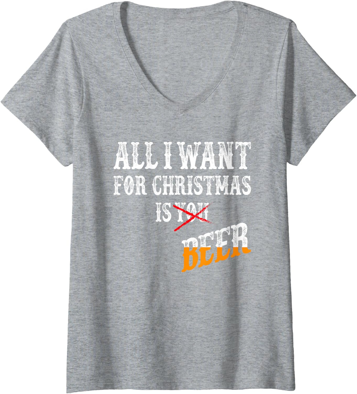 Women's Funny I Want Beer for Christmas Holiday Festive Drinking V-Neck T-Shirt - Heather Grey