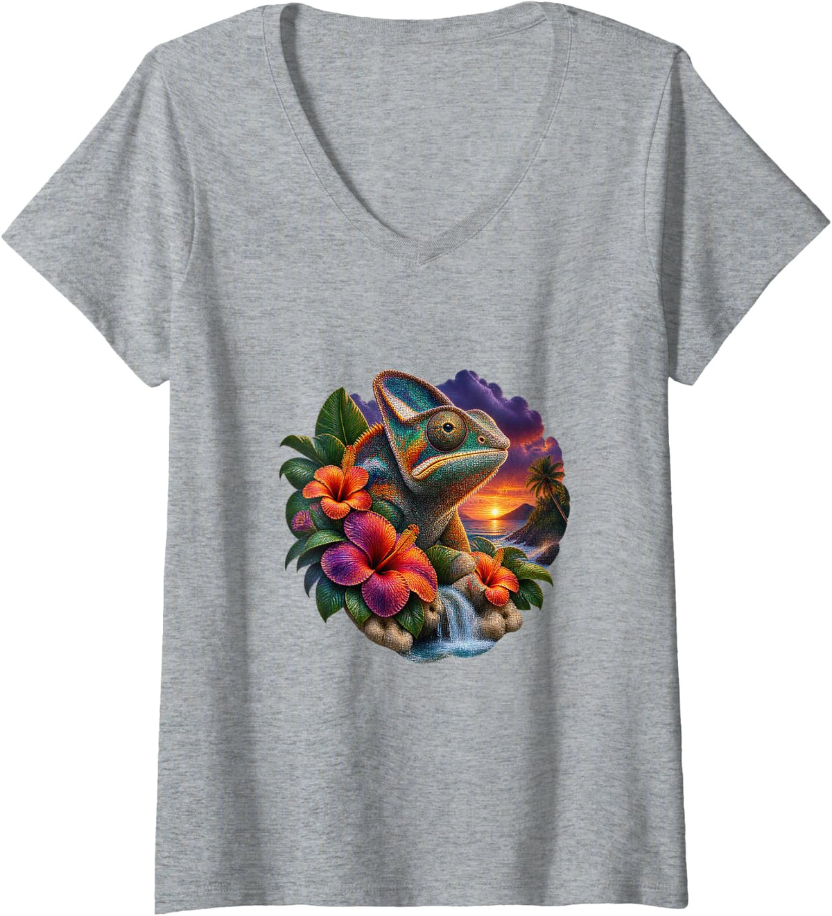 Women's Chameleon at Tropical Sunset V-Neck T-Shirt - Heather Grey
