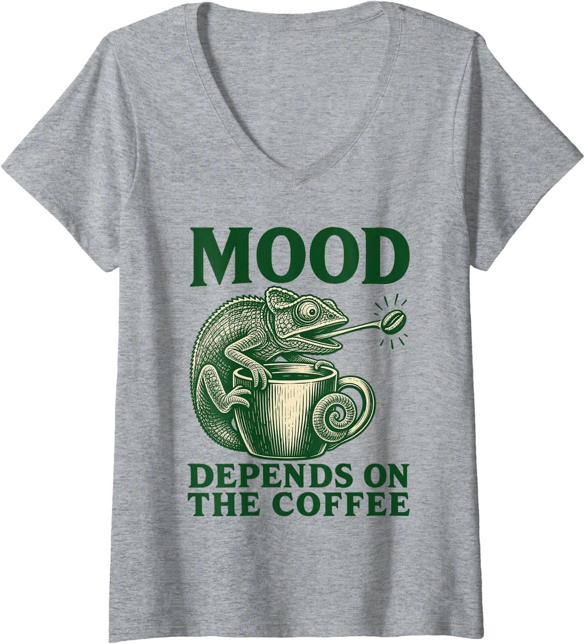 Women's Mood Depends on the Coffee Chameleon Reptile V-Neck T-Shirt - Heather Grey