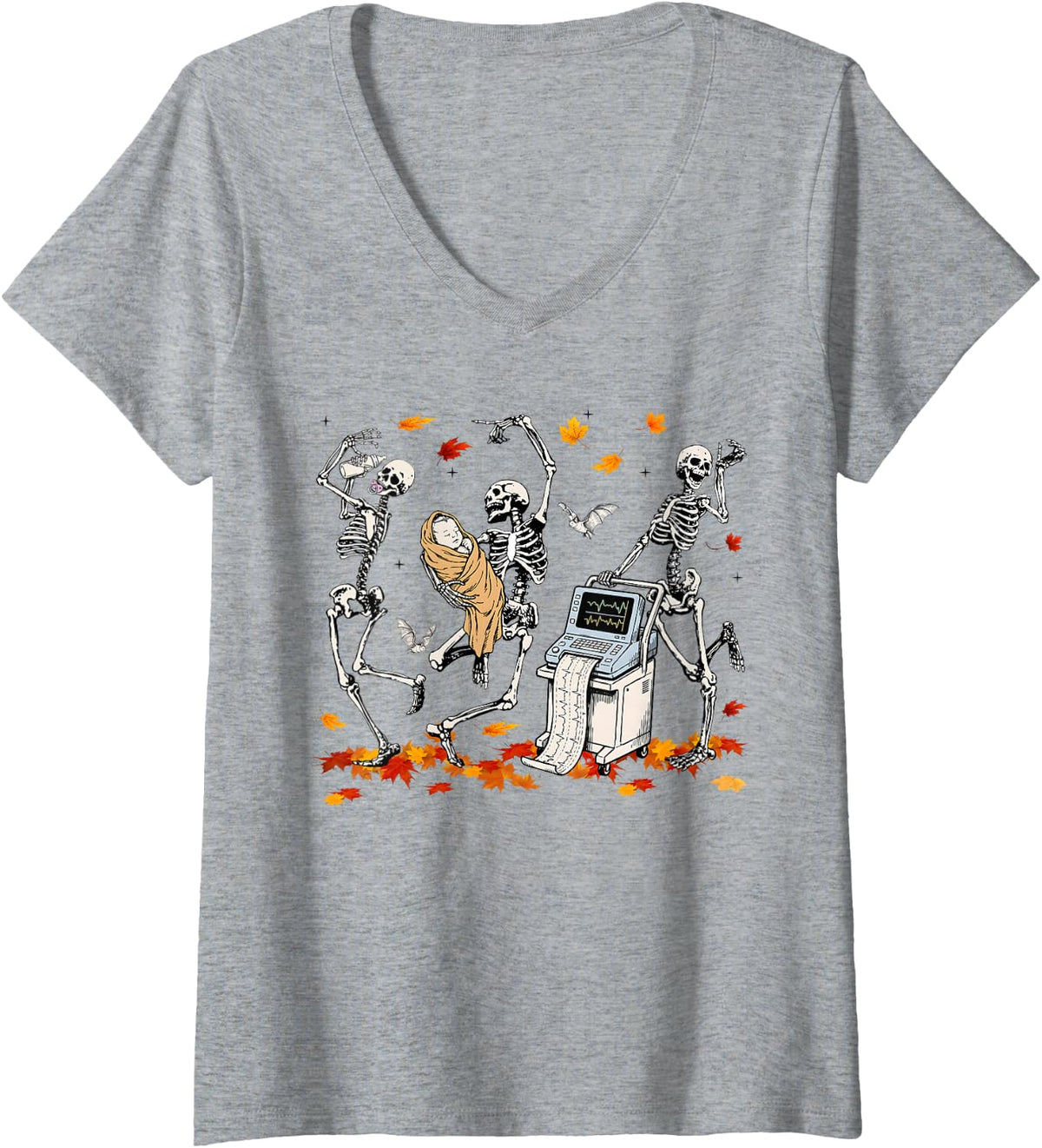 Women's Labor and Delivery Skeleton Halloween NICU OBGYN Nurse V-Neck T-Shirt - Heather Grey