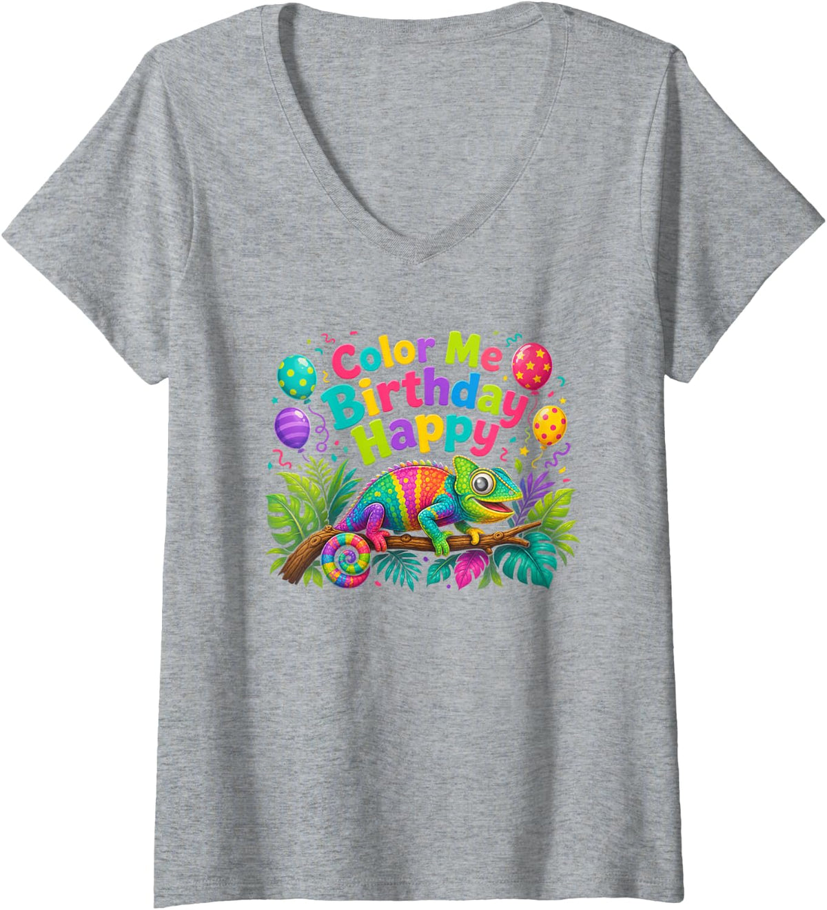 Women's Reptile Birthday Color Me Happy Chameleon V-Neck T-Shirt - Heather Grey