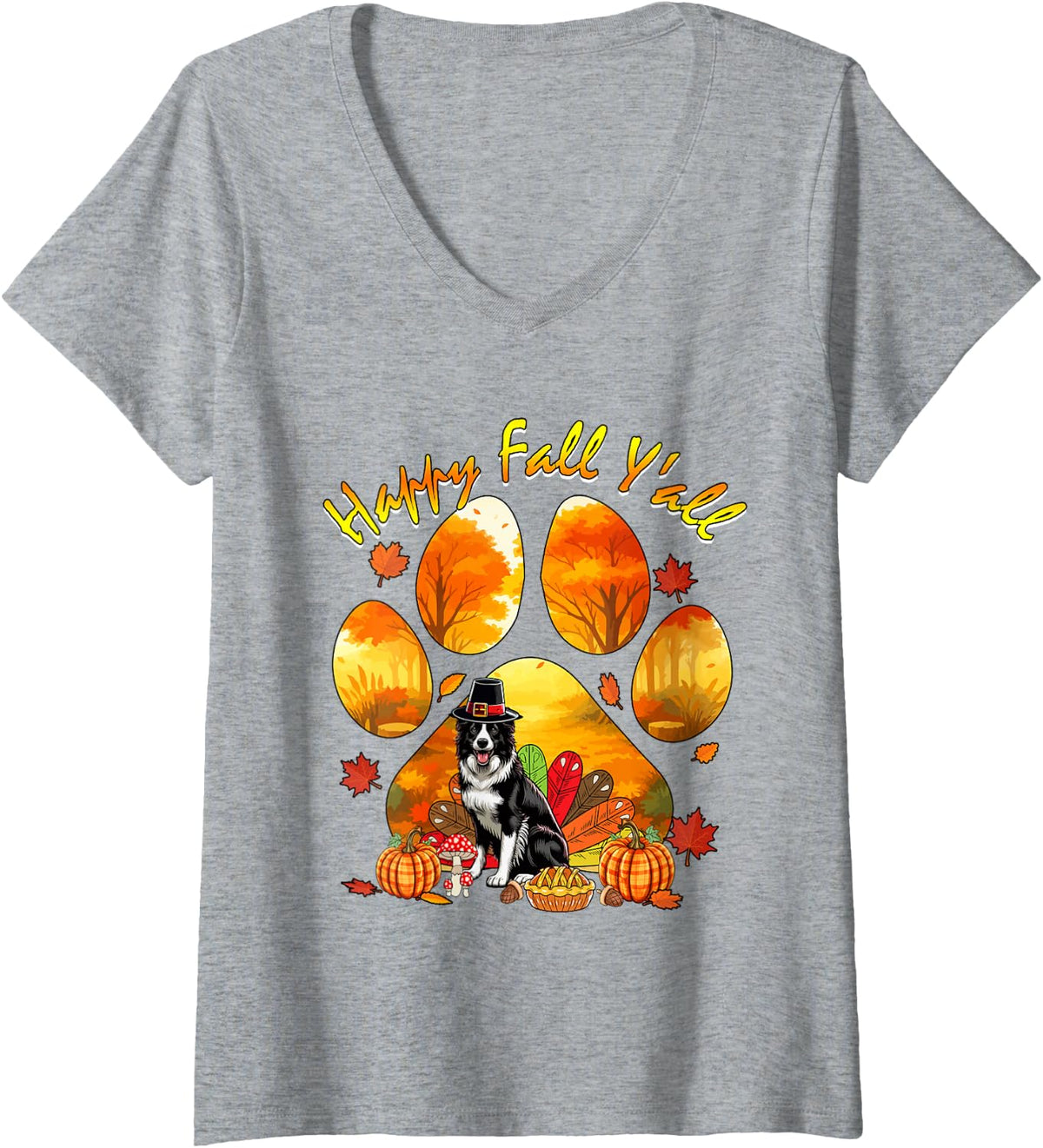 Women's Fall Y'all Thanksgiving Border Collie As Turkey Fall Tree V-Neck T-Shirt - Heather Grey