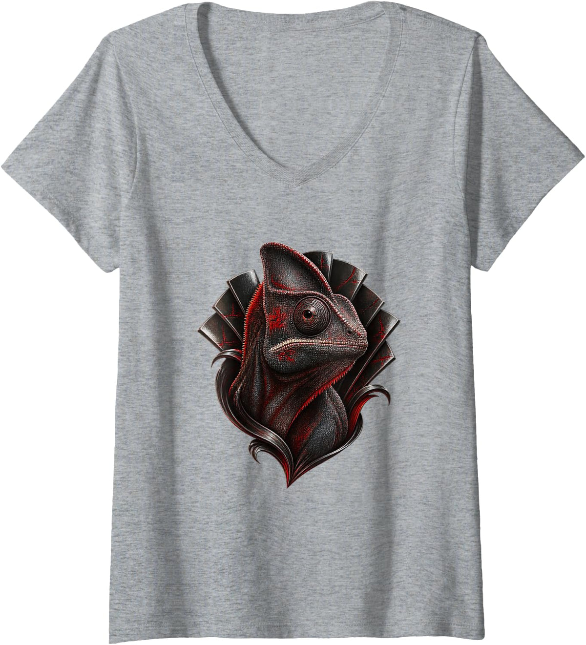 Women's Dark Chameleon with Crimson Fan Reptile Animal Art V-Neck T-Shirt - Heather Grey