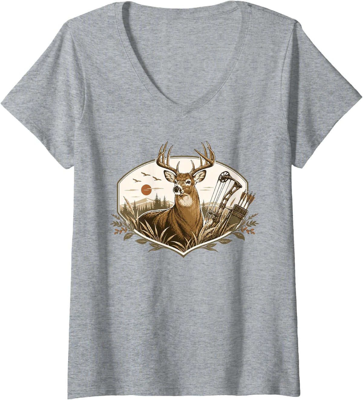 Women's Buck Deer Bow Hunting Forest Sunset Hunter V-Neck T-Shirt - Heather Grey