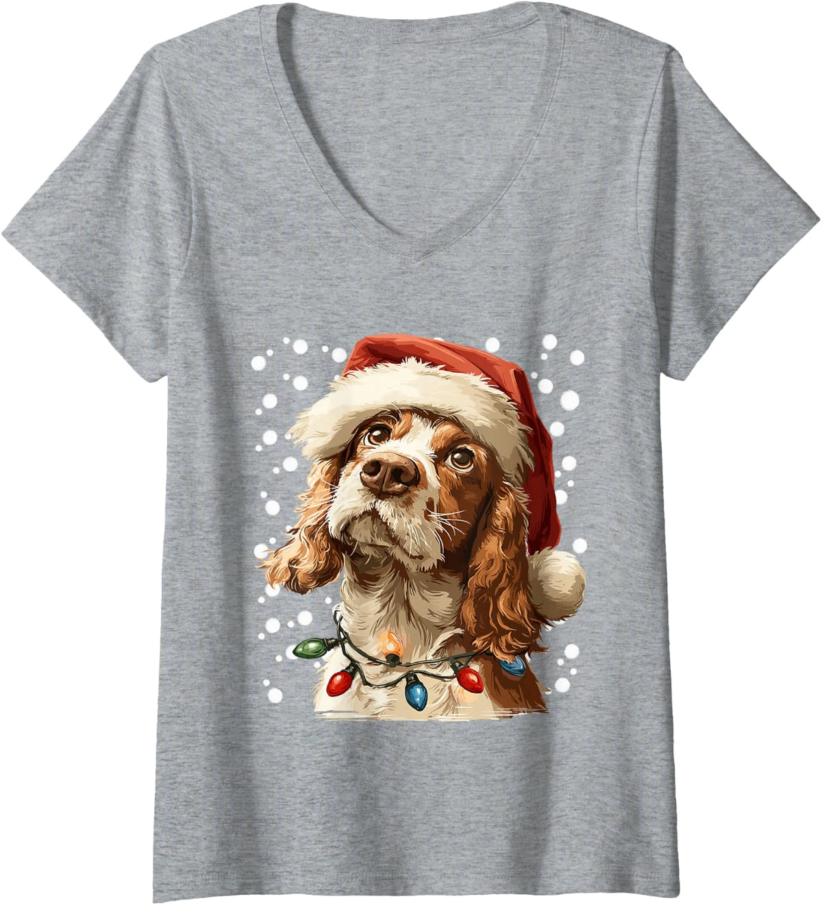 Women's Christmas Cocker with Santa Hat Festive Lights and Snow Xmas V-Neck T-Shirt - Heather Grey