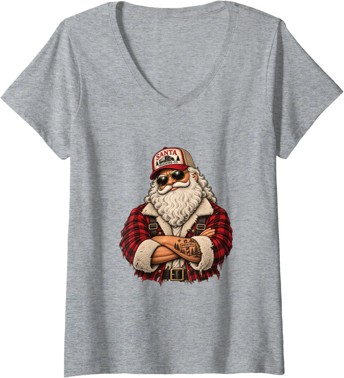 Women's Trucker Santa Funny Christmas Graphic V-Neck T-Shirt - Heather Grey