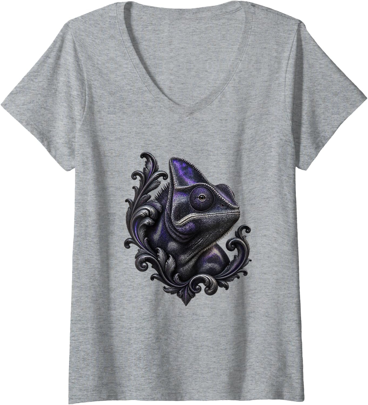 Women's Chameleon with Dark Purple Scrolls V-Neck T-Shirt - Heather Grey