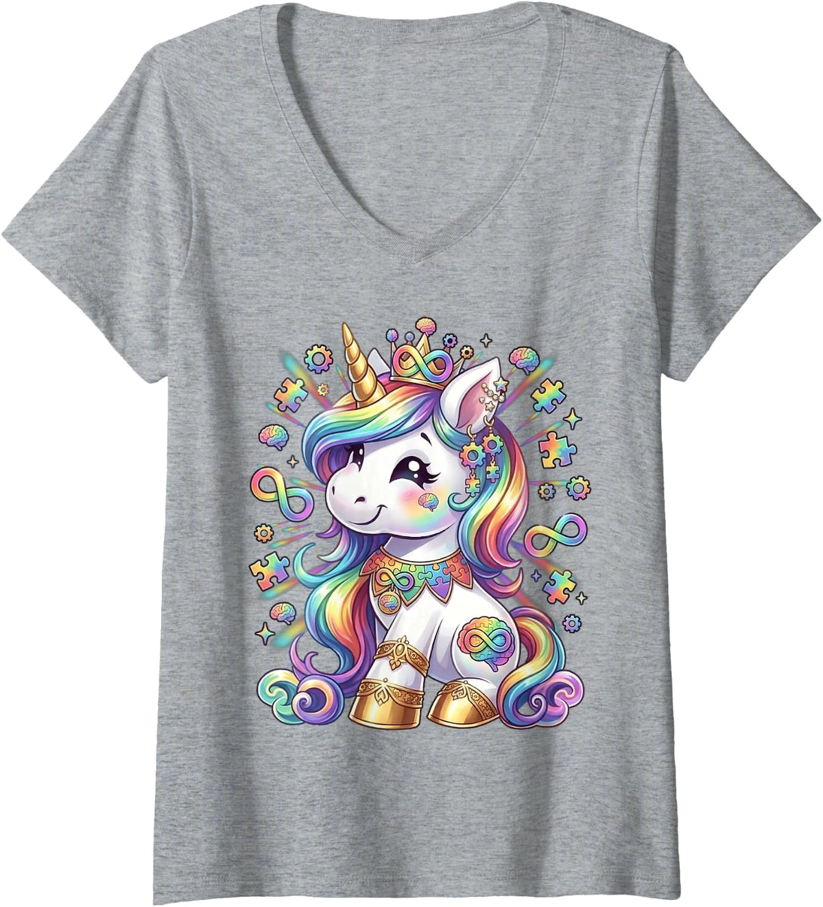 Women's Autism Awareness Toddler Girl Kids Cute Unicorn Puzzle Piece V-Neck T-Shirt - Heather Grey